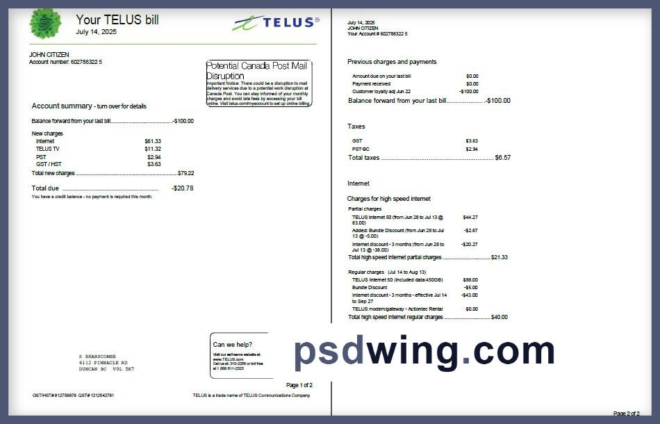 Canada Telus Utility Bill (2 Pages)